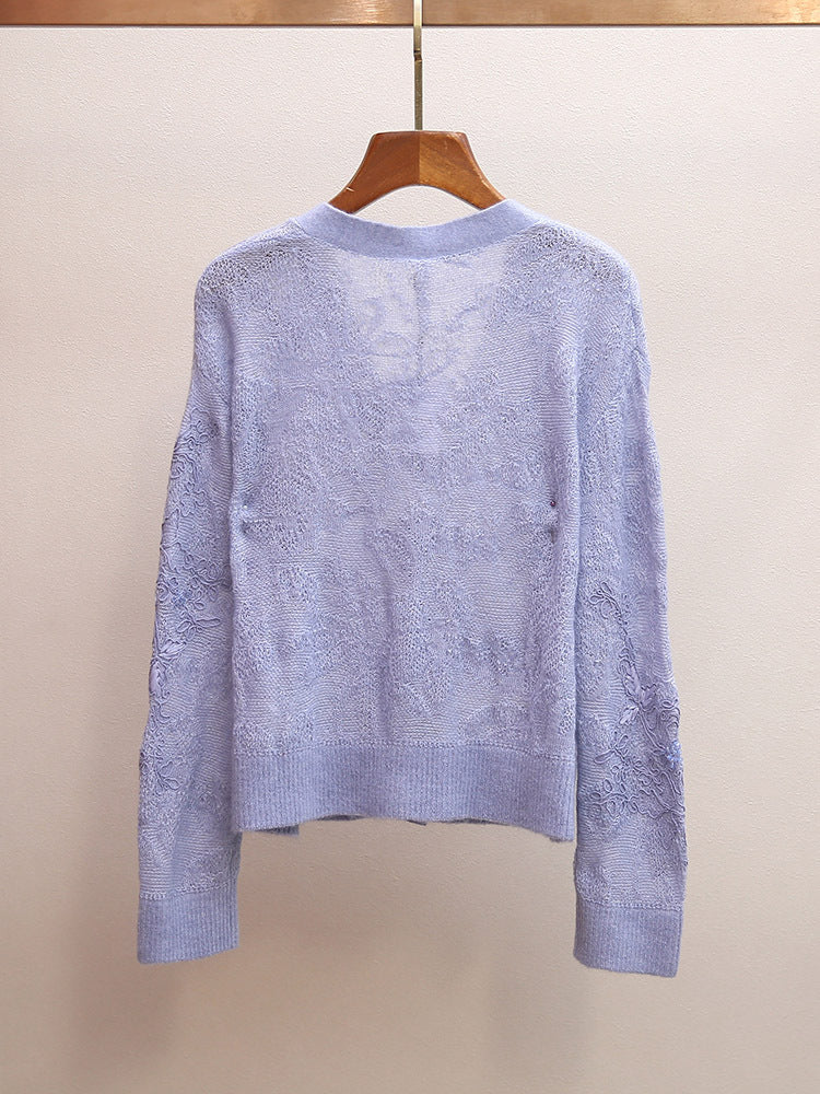Light Blue Floral Embroidered Sheer Knit Cardigan | V-Neck Embellished Cropped Sweater