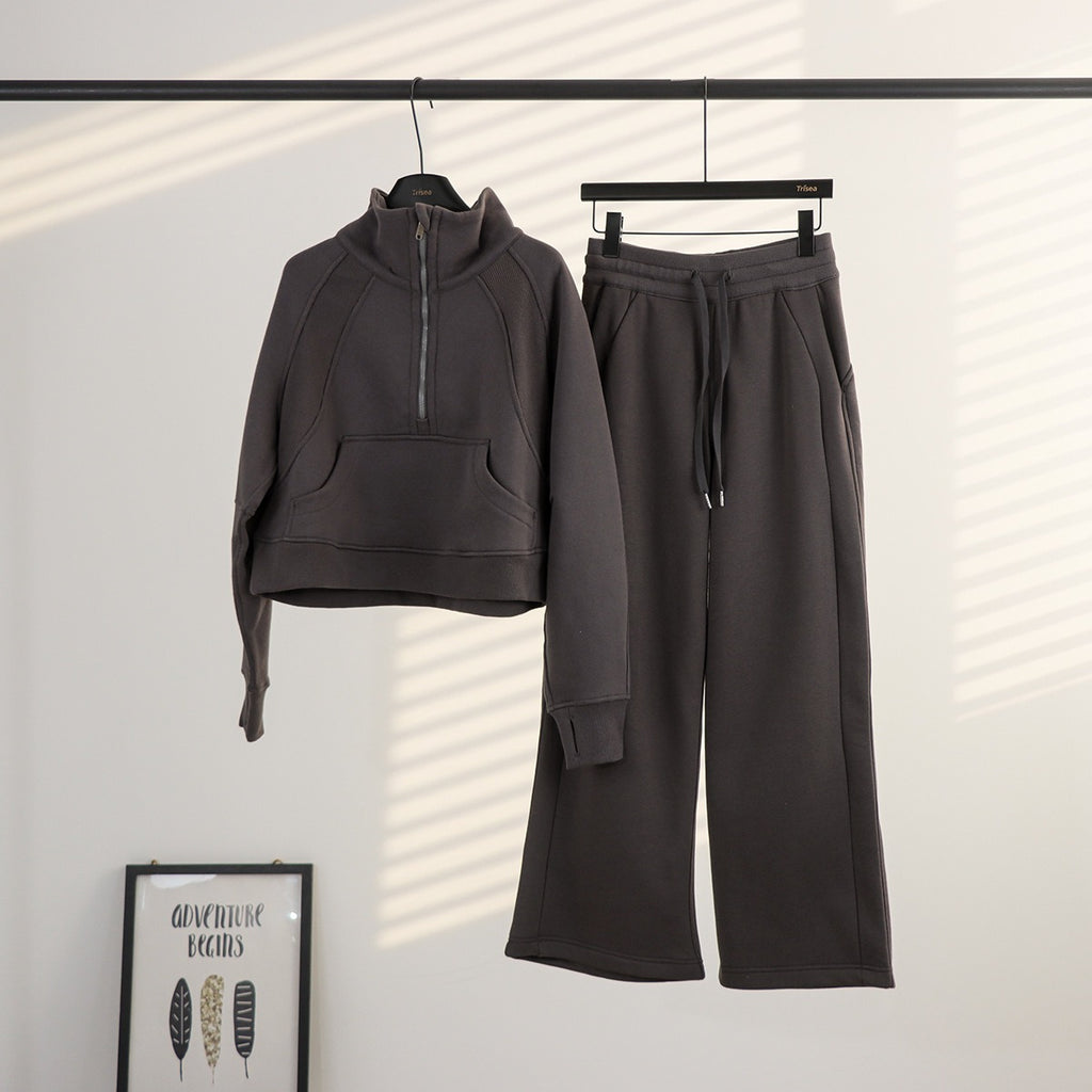 Women's Half-Zip Stand Collar Fleece Tracksuit Set – Oversized Scuba Hoodie & Wide Leg Yoga Pants for Workout & Lounge