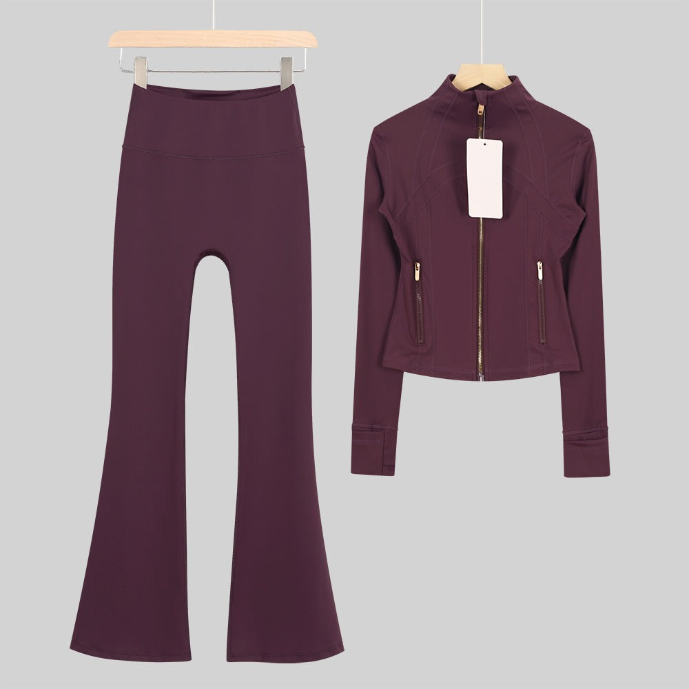 Women's Flared Cropped Stand Collar Yoga Tracksuit | Long Sleeve Zip-Up Jacket & Flare Leg Pants Set for Workout & Lounge